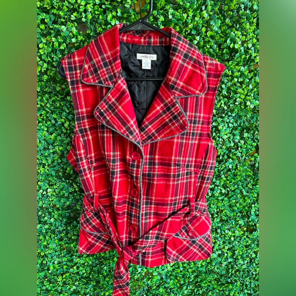 Harold’s |  Red and Black Plaid Belted Wool Vest - Vintage | Timeless - Rare